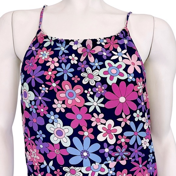 VINTAGE Y2K Mod Pink Purple Flower Power Print Drawstring Mini Dress - Picture 2 of 7